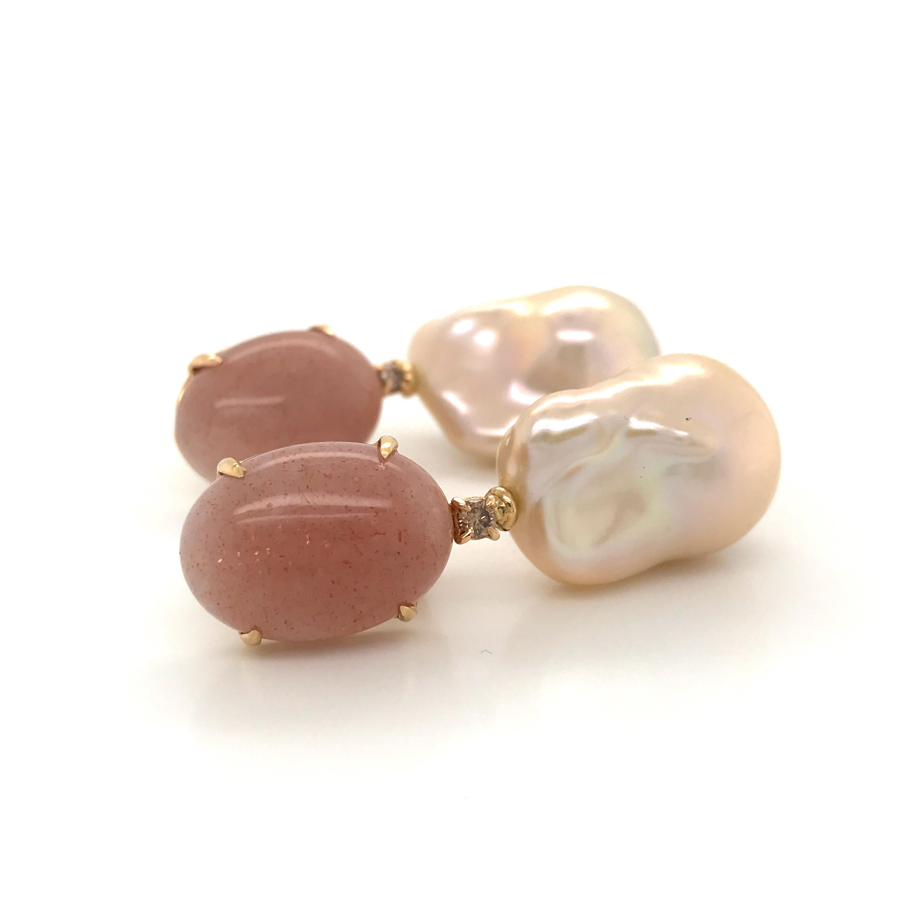 Peach Moonstone Baroque Pearls and Brown Diamonds on Yellow Gold Earrings 4