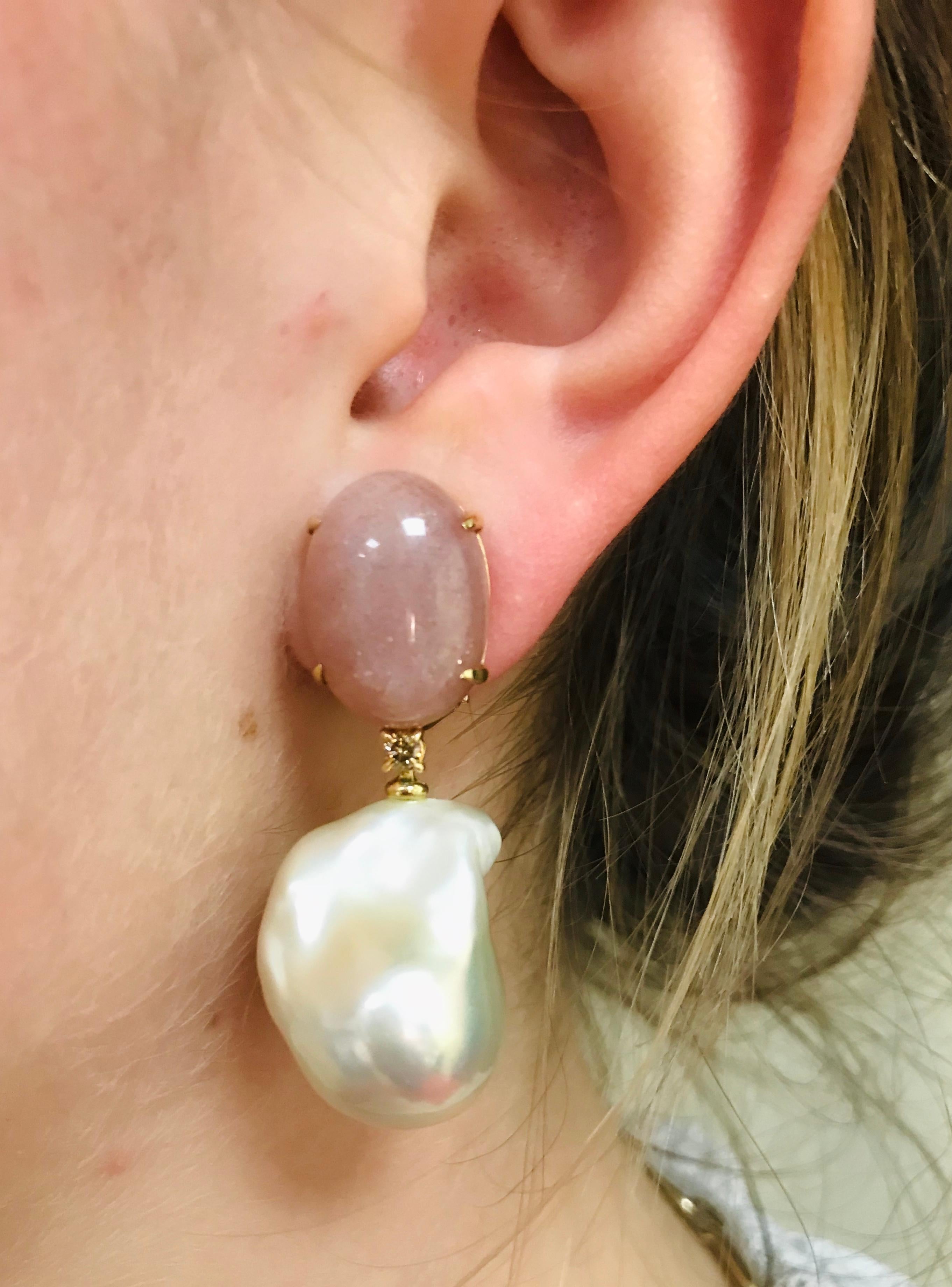 Peach Moonstone Baroque Pearls and Brown Diamonds on Yellow Gold Earrings 5