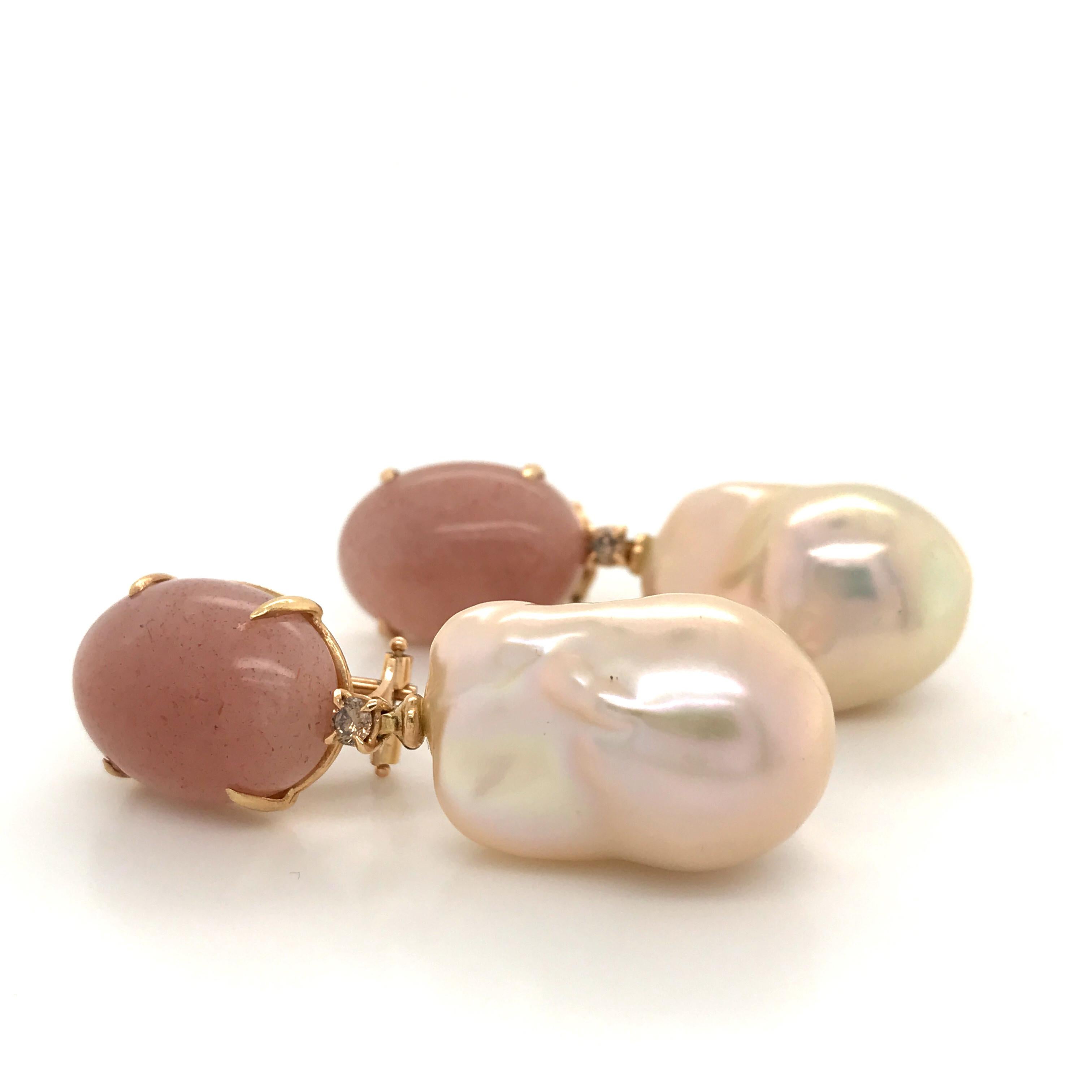 Contemporary Peach Moonstone Baroque Pearls and Brown Diamonds on Yellow Gold Earrings