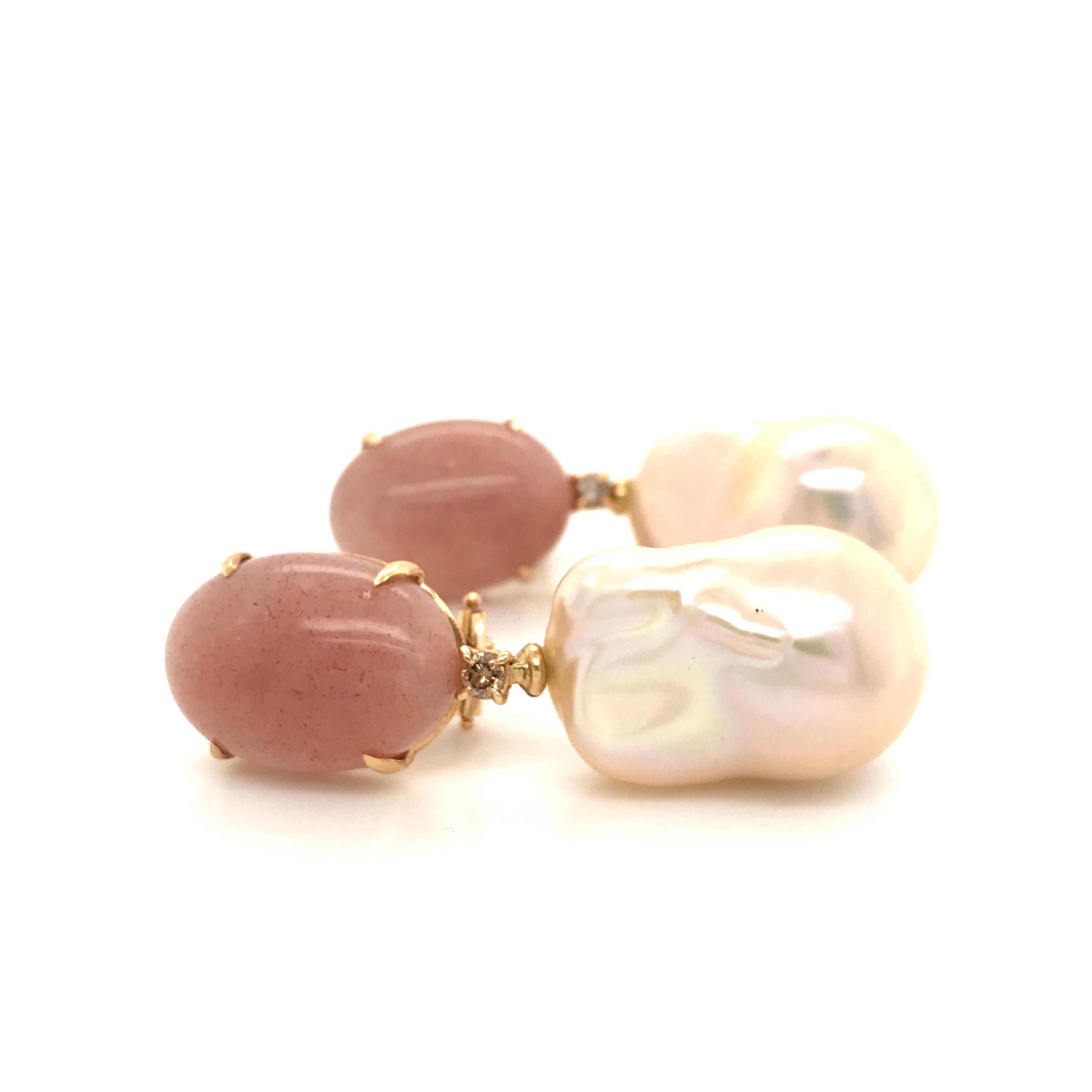 Oval Cut Peach Moonstone Baroque Pearls and Brown Diamonds on Yellow Gold Earrings