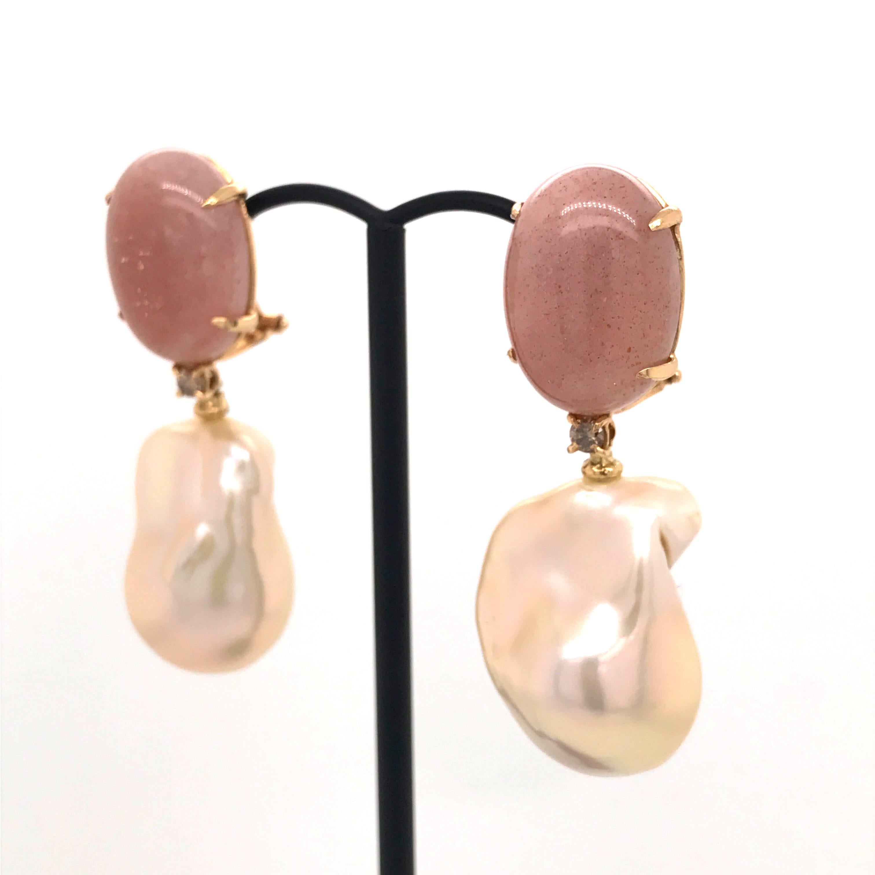 Peach Moonstone Baroque Pearls and Brown Diamonds on Yellow Gold Earrings 1