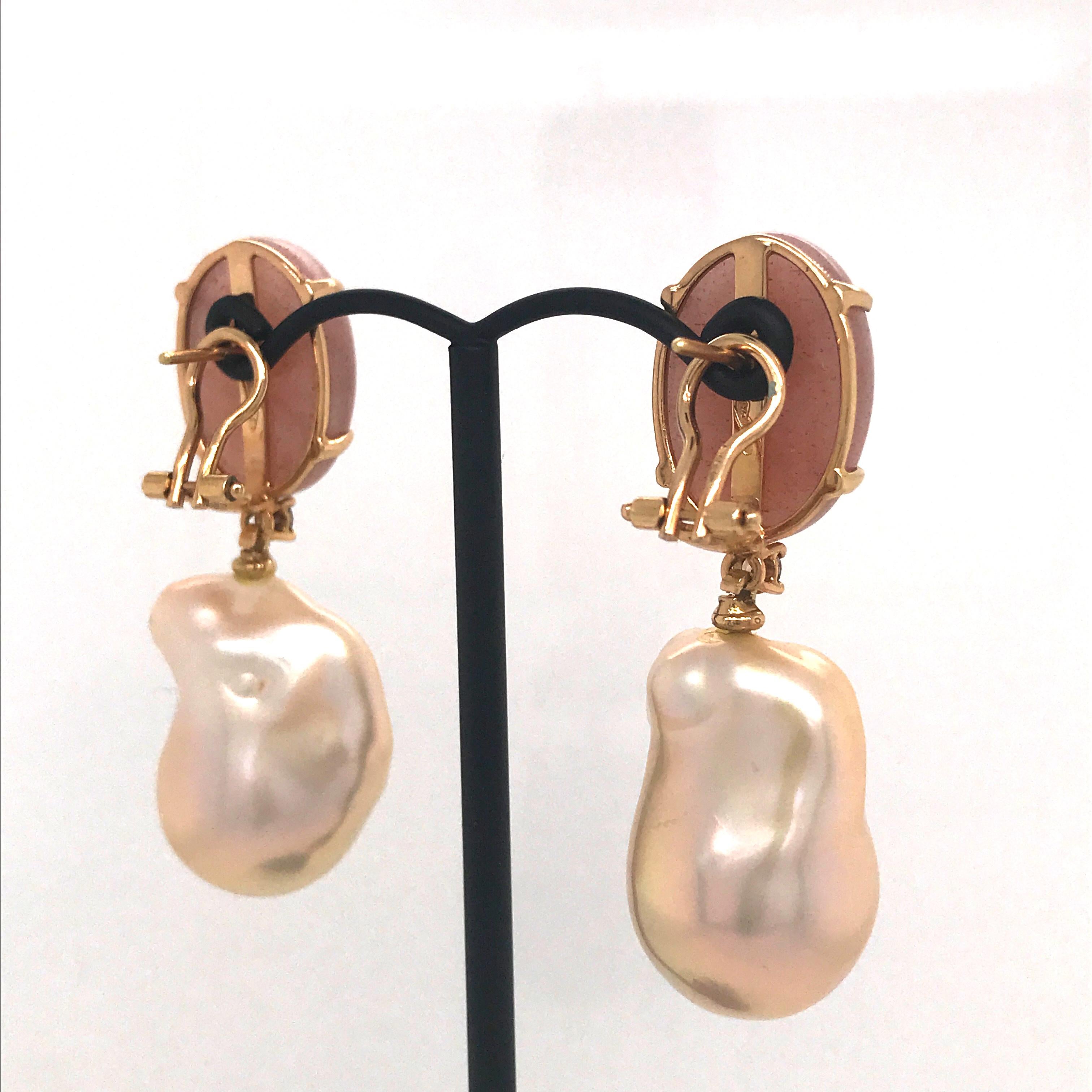 Peach Moonstone Baroque Pearls and Brown Diamonds on Yellow Gold Earrings 2