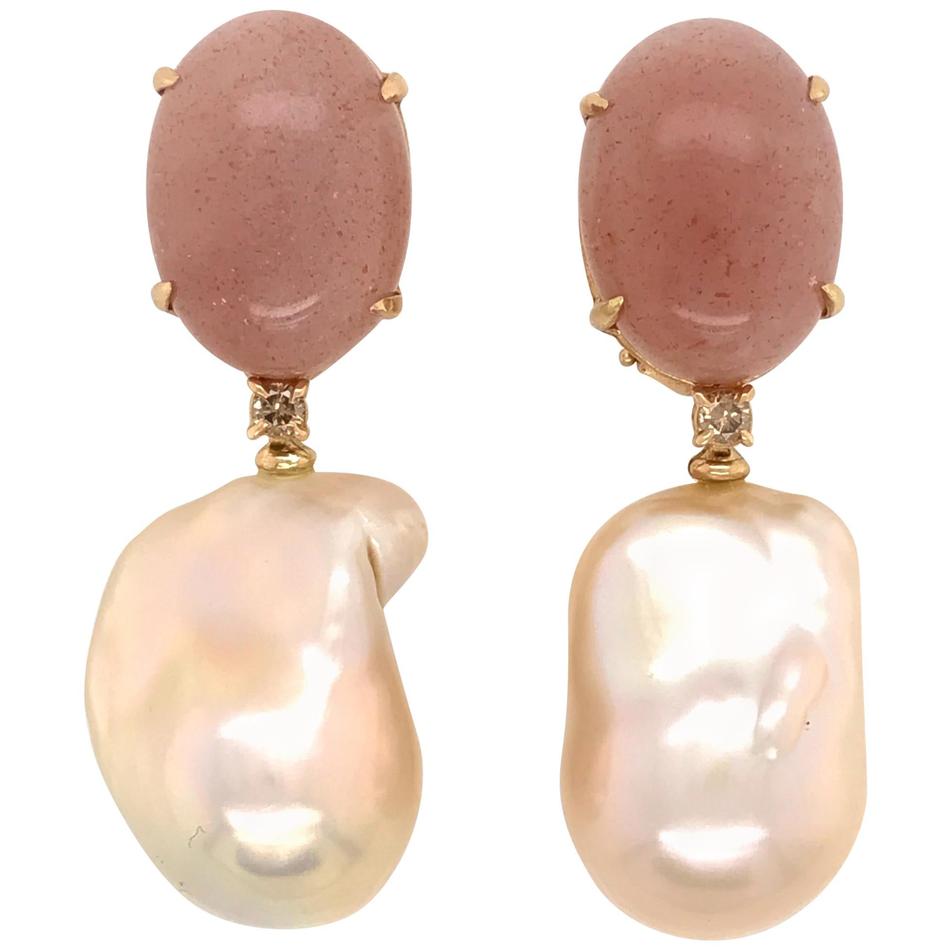 Peach Moonstone Baroque Pearls and Brown Diamonds on Yellow Gold Earrings