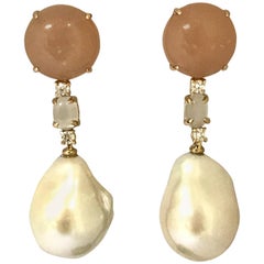 Peach Moonstone Diamonds and Cultured Pearls Yellow Gold Earrings