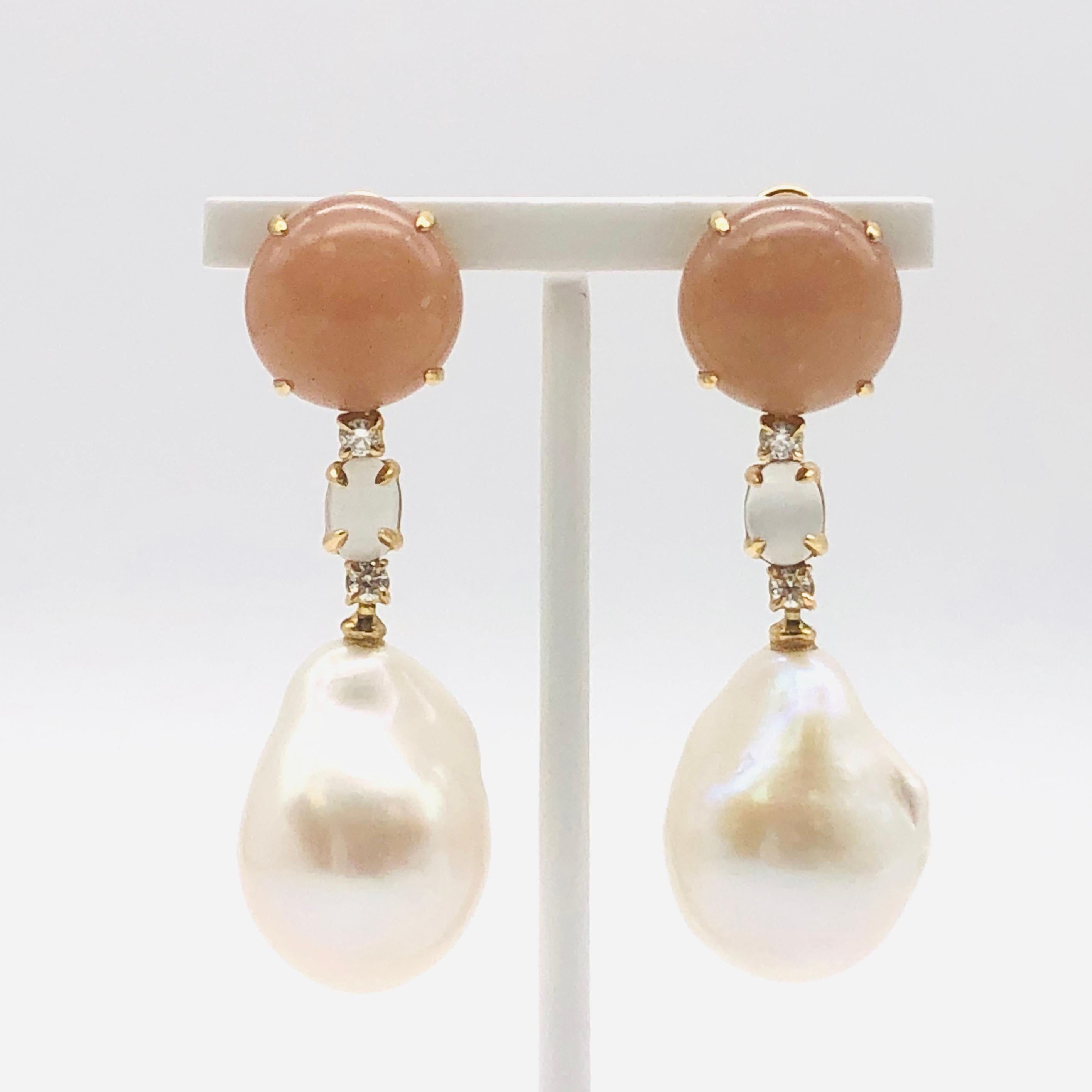 Round Cut Peach Moonstone Diamonds and Cultured Pearls Yellow Gold Earrings For Sale