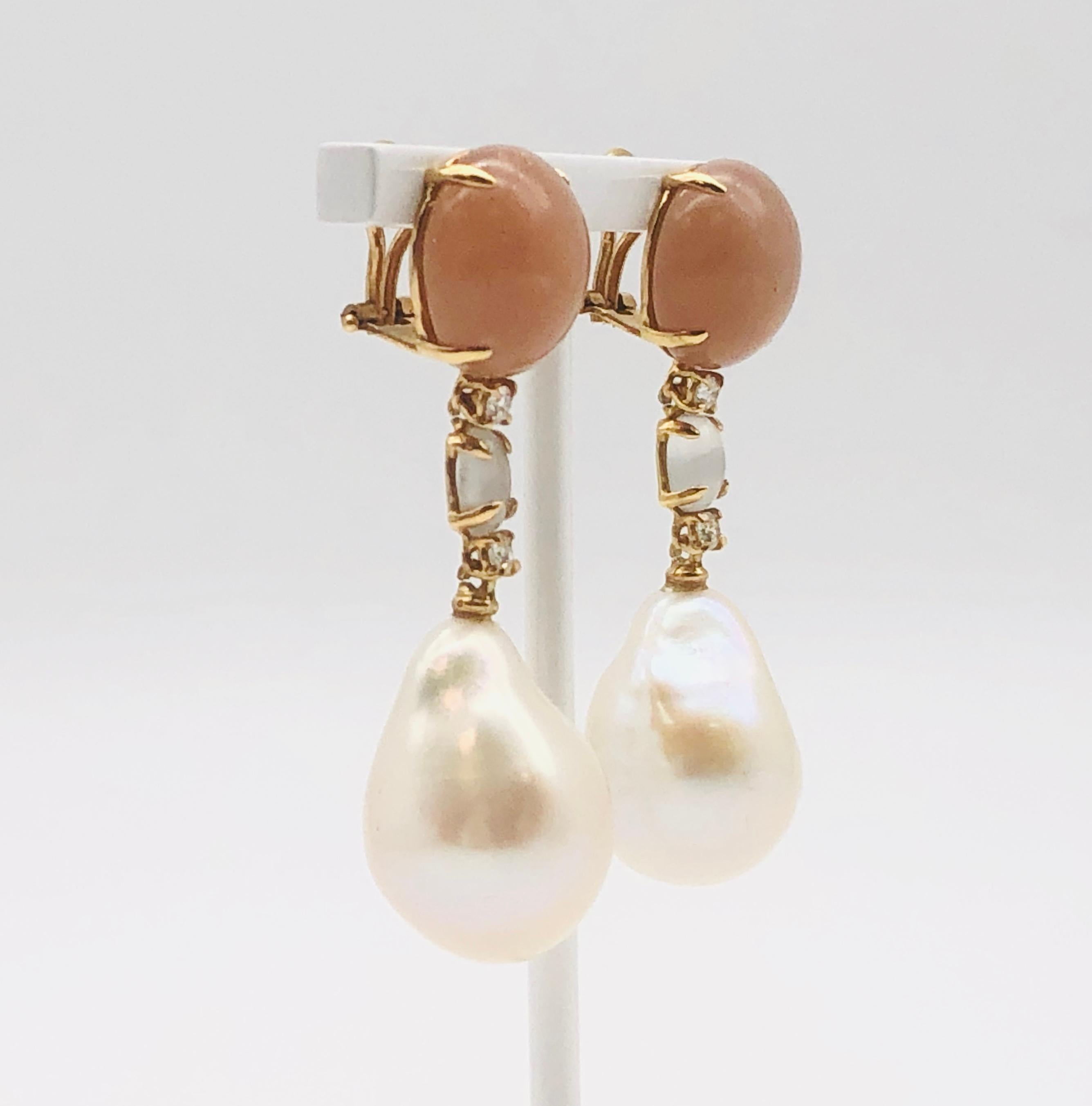 Women's Peach Moonstone Diamonds and Cultured Pearls Yellow Gold Earrings For Sale