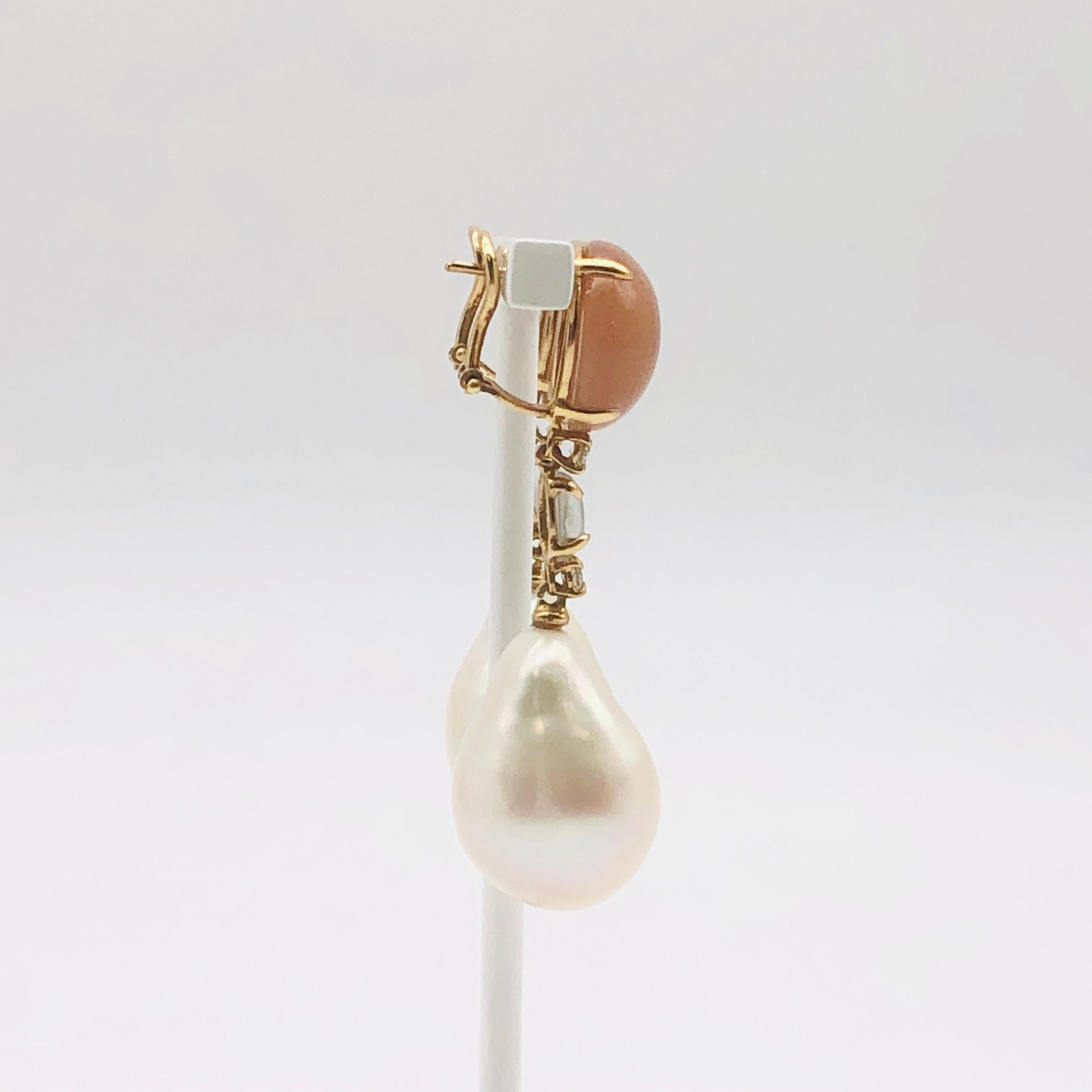 Peach Moonstone Diamonds and Cultured Pearls Yellow Gold Earrings For Sale 1