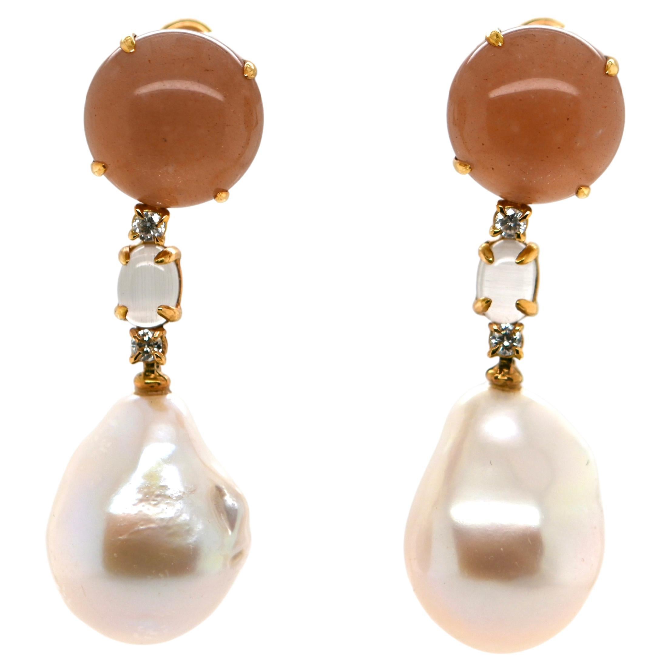 Peach Moonstone Diamonds and Cultured Pearls Yellow Gold Earrings For Sale