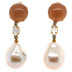 Peach Moonstone Diamonds and Cultured Pearls Yellow Gold Earrings