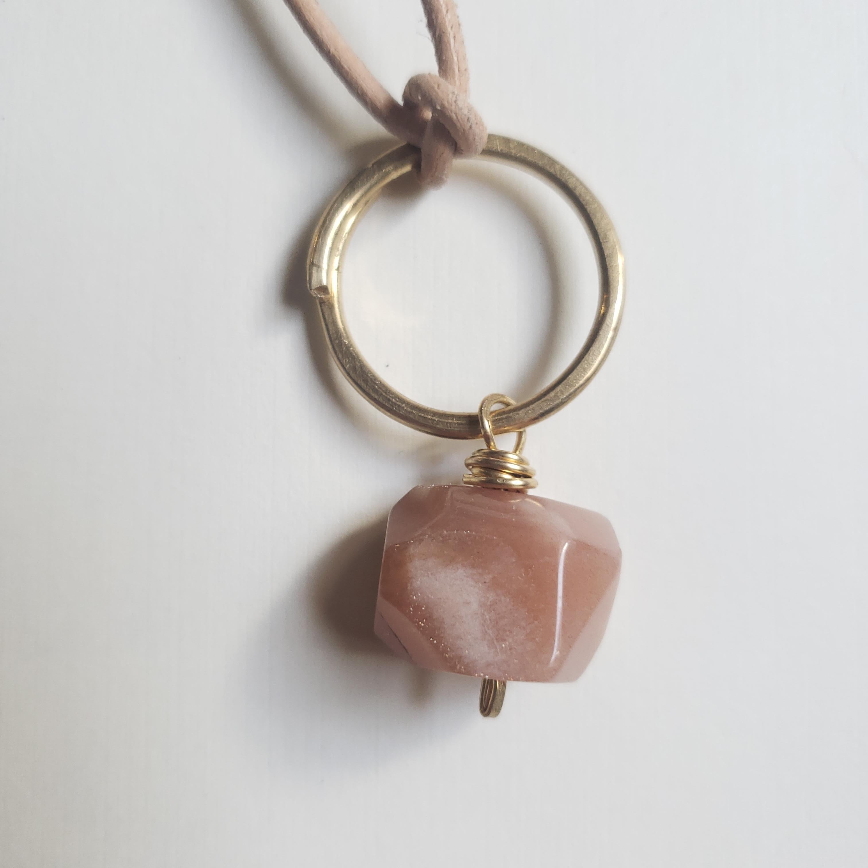 Artisan Peach Moonstone Gemstone Chakra Love Talisman Leather Necklace For Sale