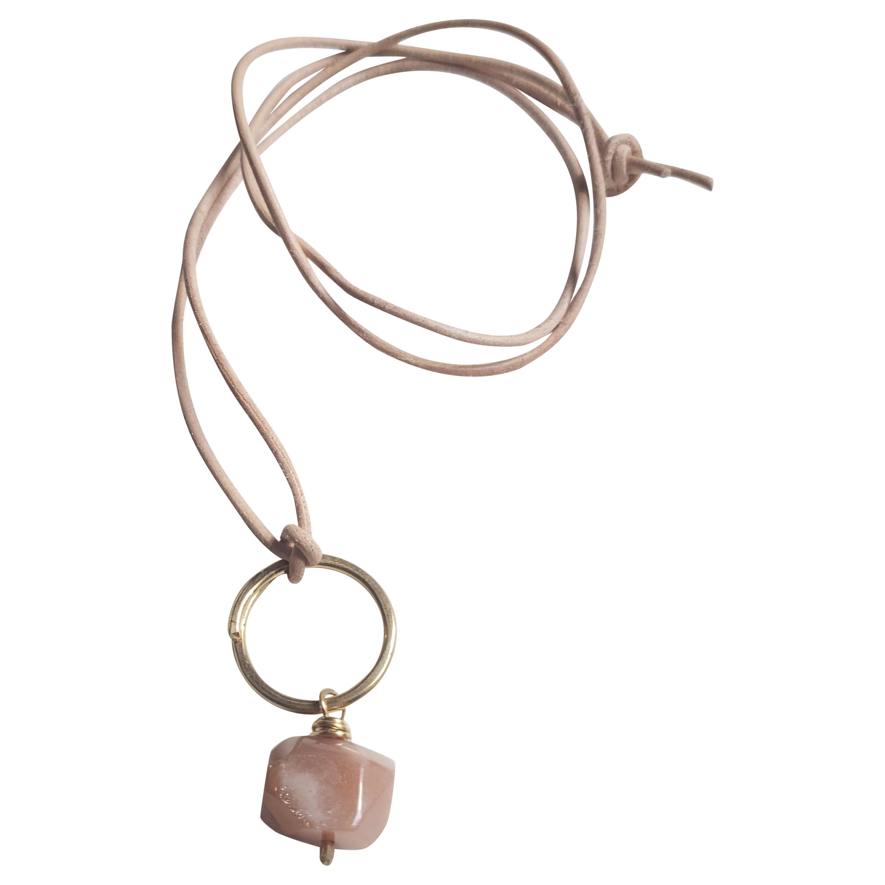 Peach Moonstone Gemstone Chakra Love Talisman Leather Necklace For Sale
