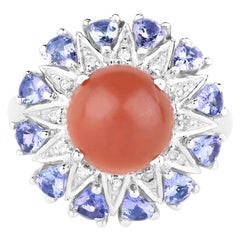 Peach Moonstone Ring With Tanzanite 5.68 Carats Sterling Silver