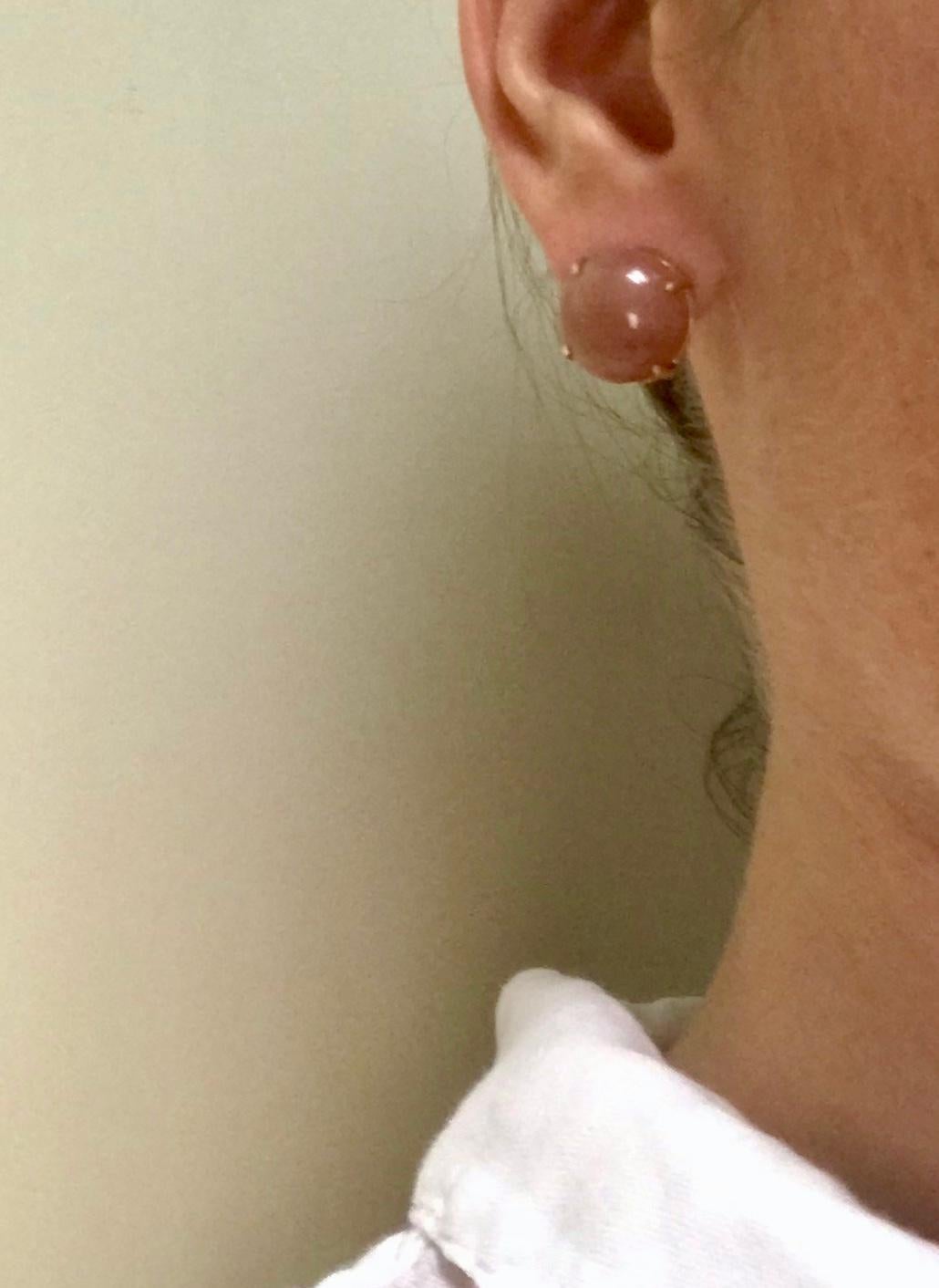 Peach Moonstone Shape Round on Rose Gold Stud Earring 2
