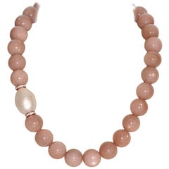 Peach Moonstones, White Diamonds and Freshwater Pearl, Rose Gold Beaded Necklace