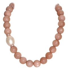 Peach Moonstones, White Diamonds and Freshwater Pearl, Rose Gold Beaded Necklace