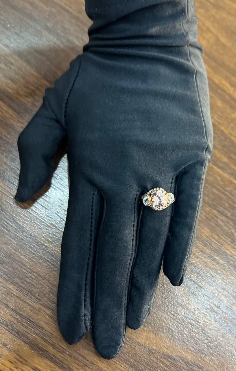 Peach Morganite Blue Topaz Champagne Diamond Halo 14K Rose Gold Side Stone Ring For Sale 5
