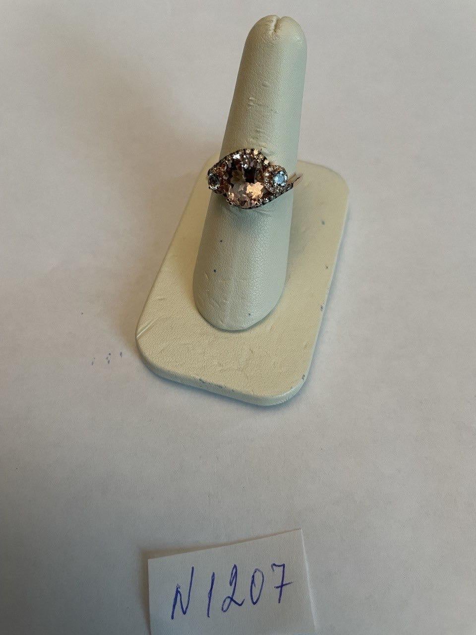 Peach Morganite Blue Topaz Champagne Diamond Halo 14K Rose Gold Side Stone Ring For Sale 6