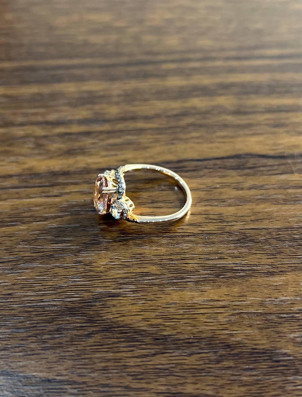 Mixed Cut Peach Morganite Blue Topaz Champagne Diamond Halo 14K Rose Gold Side Stone Ring For Sale