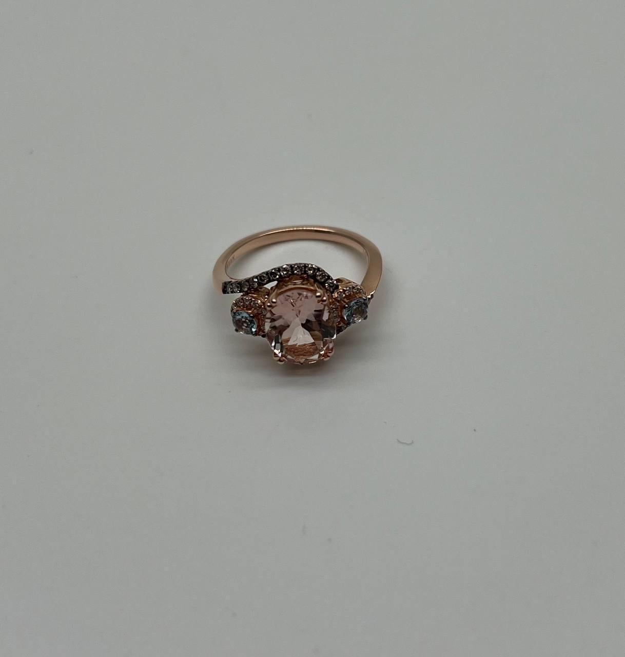 Peach Morganite Blue Topaz Champagne Diamond Halo 14K Rose Gold Side Stone Ring In New Condition For Sale In Oakton, VA