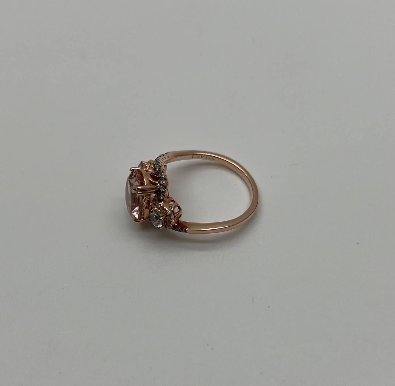 Women's Peach Morganite Blue Topaz Champagne Diamond Halo 14K Rose Gold Side Stone Ring For Sale