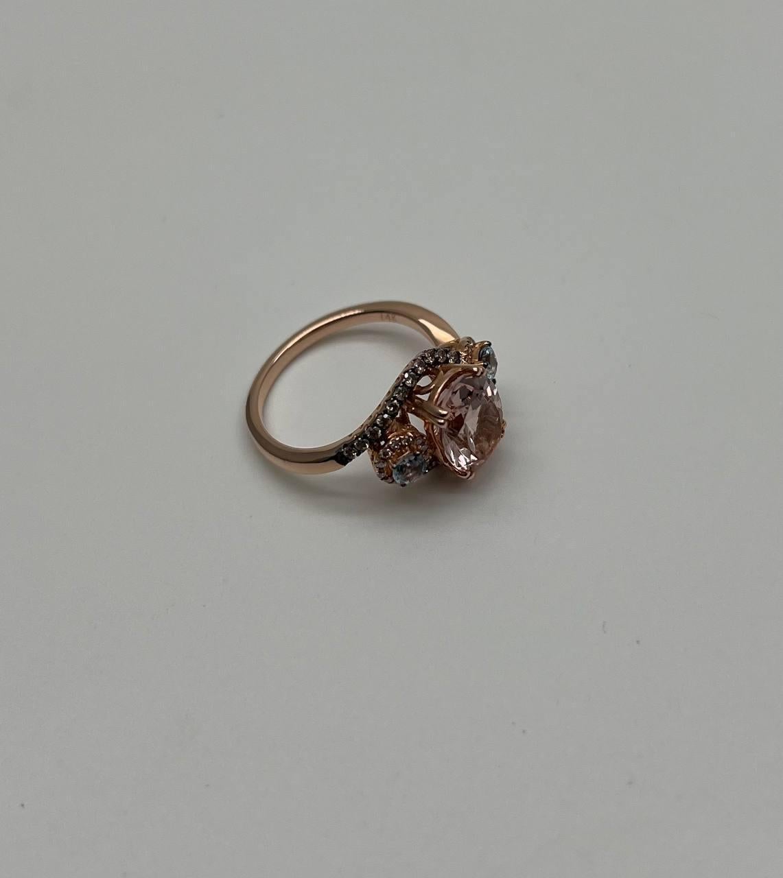 Peach Morganite Blue Topaz Champagne Diamond Halo 14K Rose Gold Side Stone Ring For Sale 1