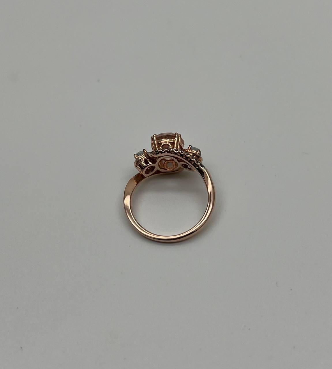 Peach Morganite Blue Topaz Champagne Diamond Halo 14K Rose Gold Side Stone Ring For Sale 2