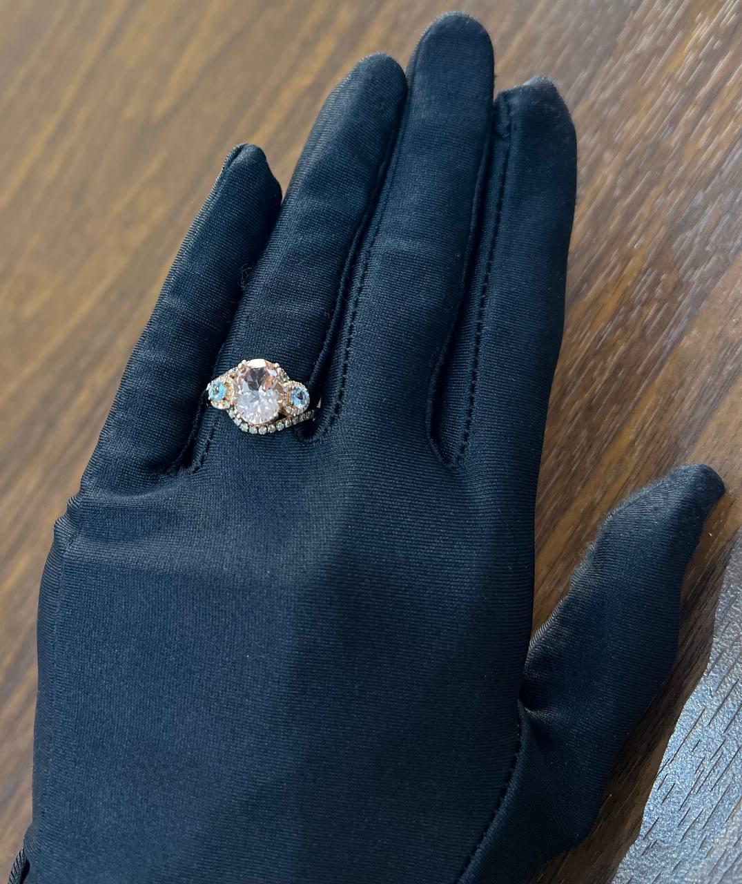 Peach Morganite Blue Topaz Champagne Diamond Halo 14K Rose Gold Side Stone Ring For Sale 4