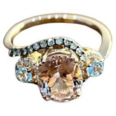 Peach Morganite Blue Topaz Champagne Diamond Halo 14K Rose Gold Side Stone Ring