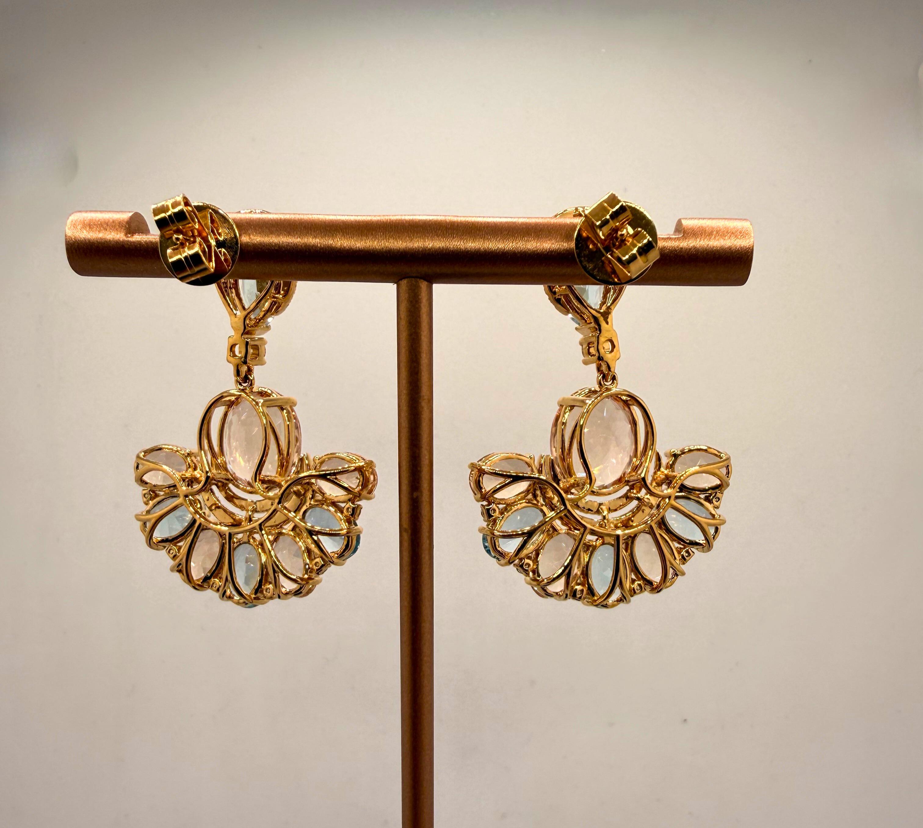 Boucles d'oreilles en or jaune 18 carats avec Morganite, Aigue-marine brésilienne et diamant Unisexe en vente