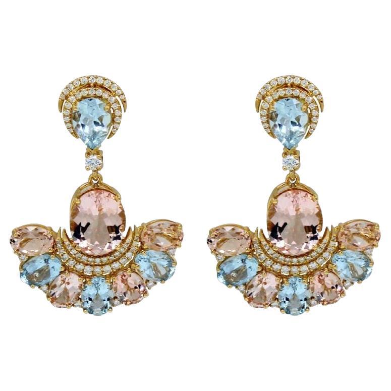 Boucles d
oreilles en or jaune 18 carats avec Morganite, Aigue-marine brésilienne et diamant en vente