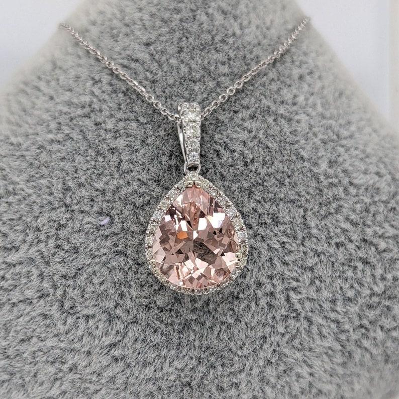 Peach Morganite Pendant w Diamond Accents in Solid 14K White Gold Pear 11x9mm In New Condition For Sale In Columbus, OH