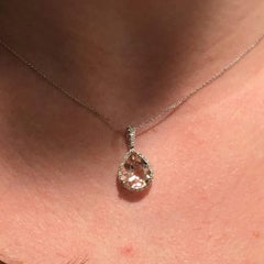 Peach Morganite Pendant with Diamond Accents: Solid 14K Gold, Pear Shape 11x9mm