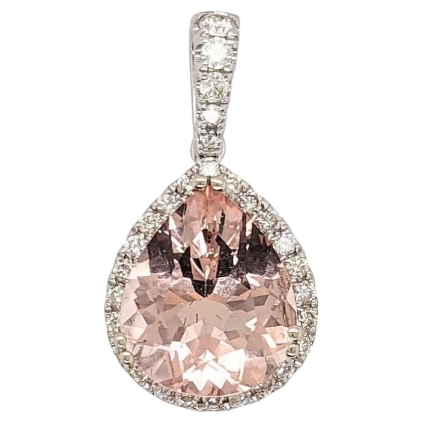 Peach Morganite Pendant with Diamond Accents: Solid 14K Gold, Pear Shape 11x9mm