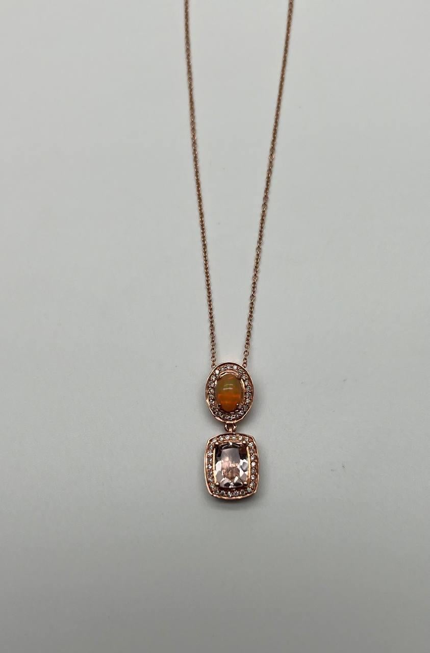 Oval Cut Peach Morganite Yellow White Opal White Diamond Halo Rose Gold Pendant Necklace For Sale