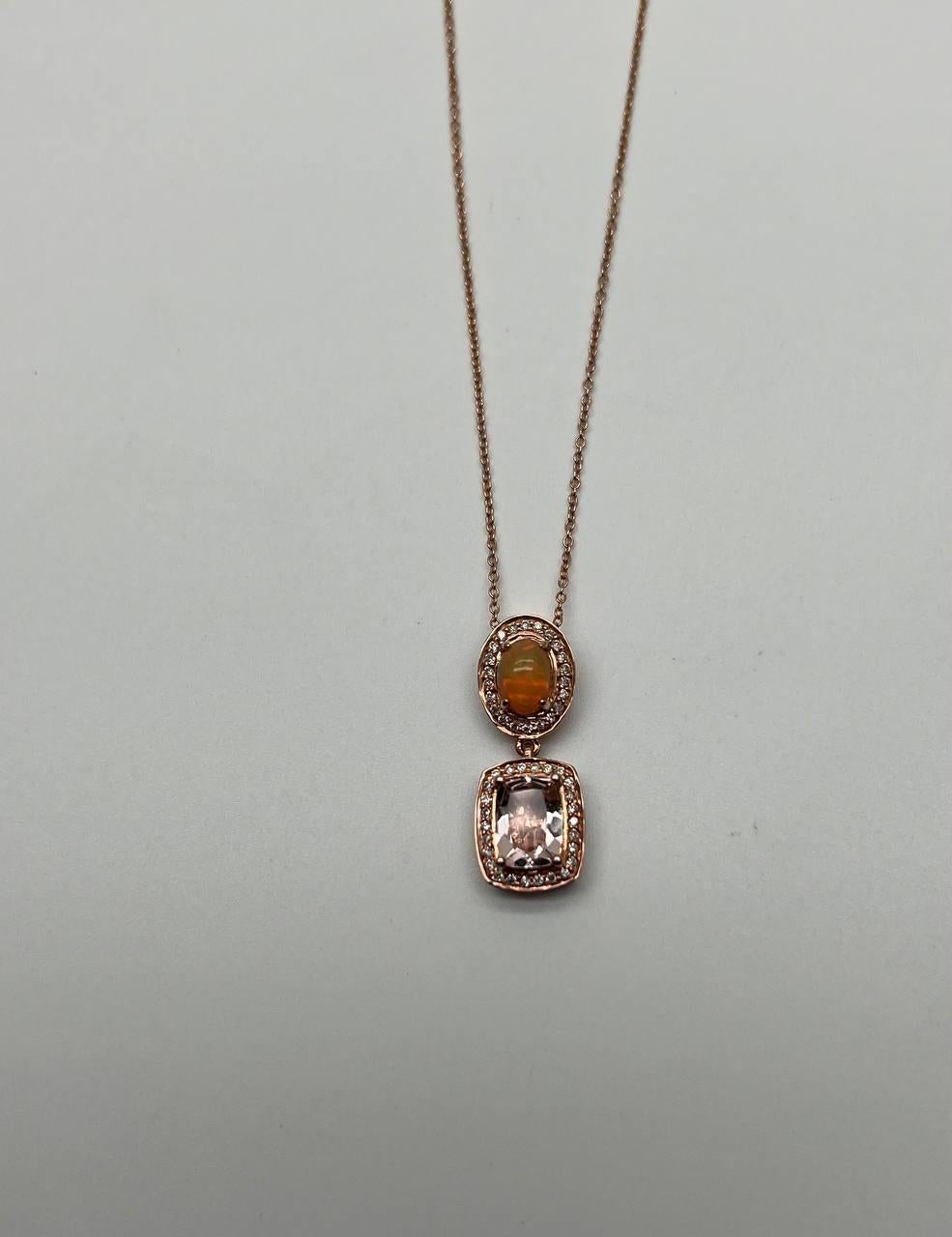 Peach Morganite Yellow White Opal White Diamond Halo Rose Gold Pendant Necklace In New Condition For Sale In Oakton, VA