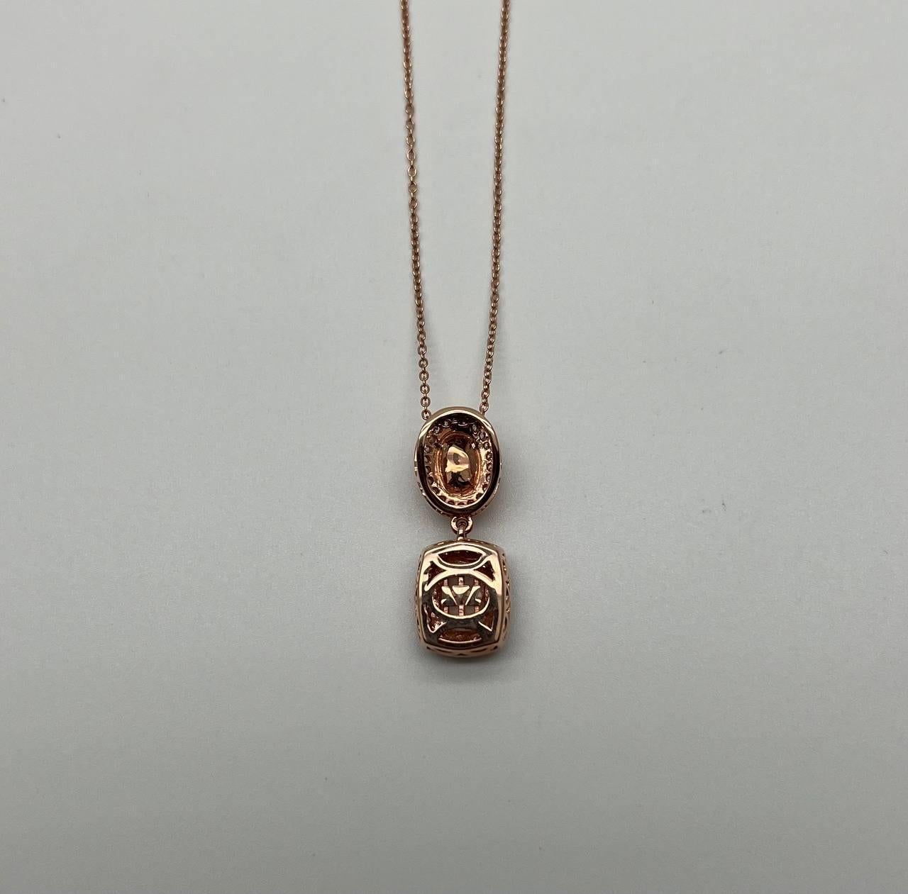 Women's Peach Morganite Yellow White Opal White Diamond Halo Rose Gold Pendant Necklace For Sale