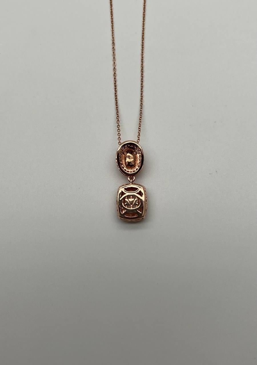 Peach Morganite Yellow White Opal White Diamond Halo Rose Gold Pendant Necklace For Sale 1