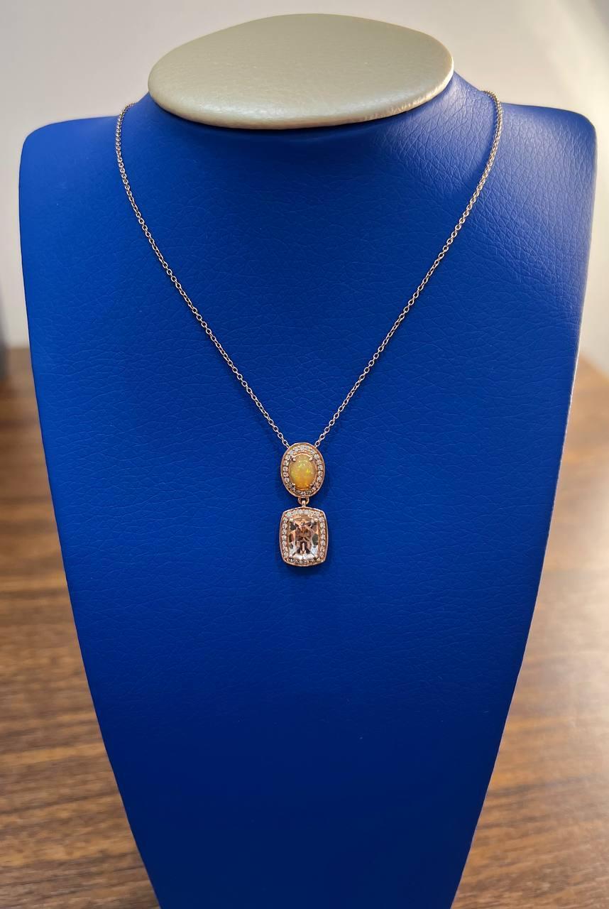 Peach Morganite Yellow White Opal White Diamond Halo Rose Gold Pendant Necklace For Sale 2