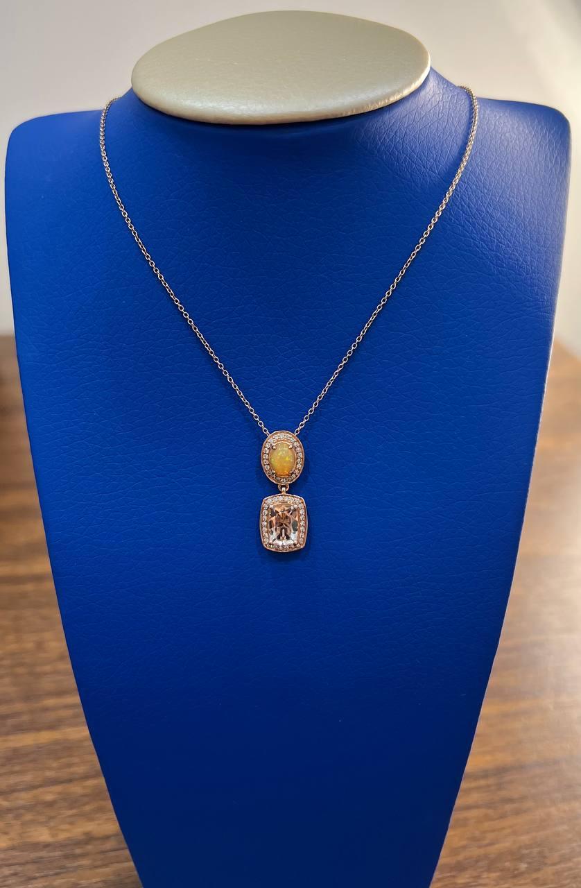 Peach Morganite Yellow White Opal White Diamond Halo Rose Gold Pendant Necklace For Sale 3