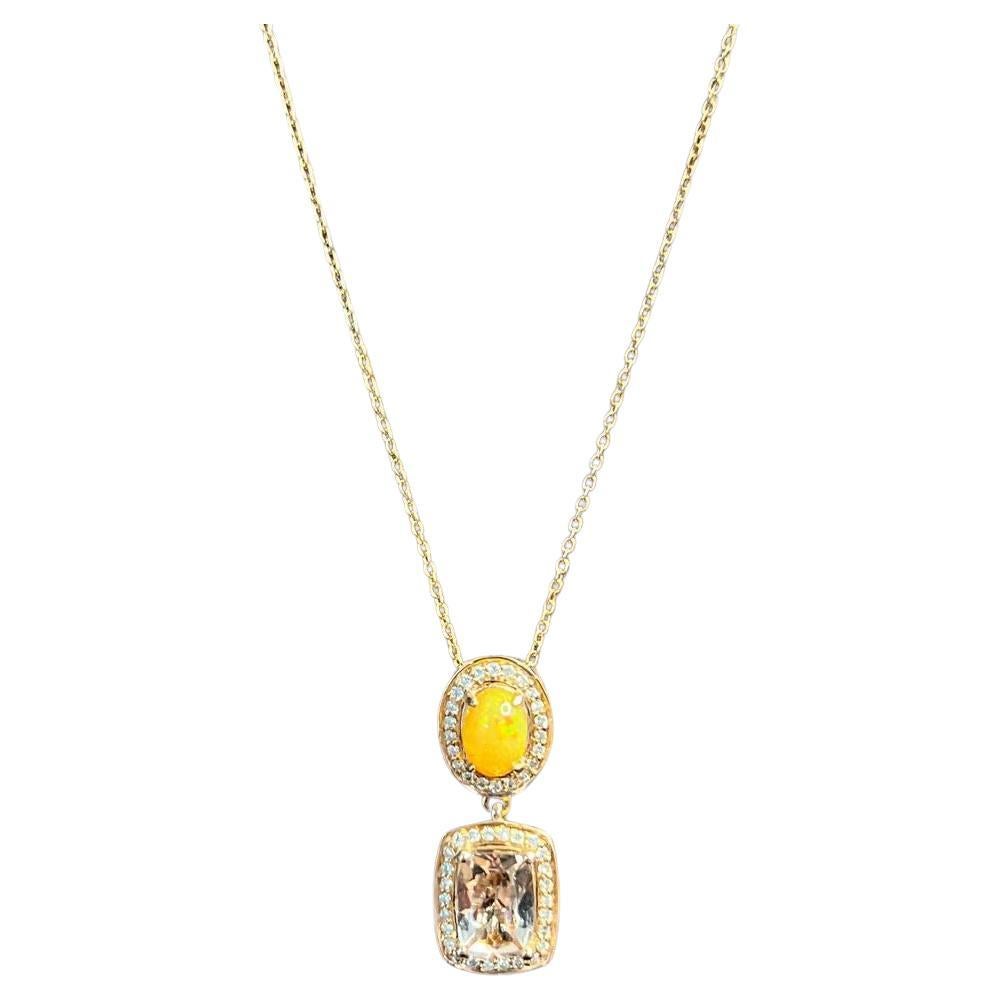 Peach Morganite Yellow White Opal White Diamond Halo Rose Gold Pendant Necklace
