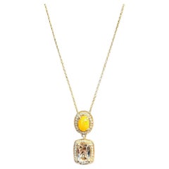Halskette mit Anhänger aus Roségold mit pfirsichfarbenem Morganit, gelbem, weißem, weißem Opal und weißem Diamant-Halo