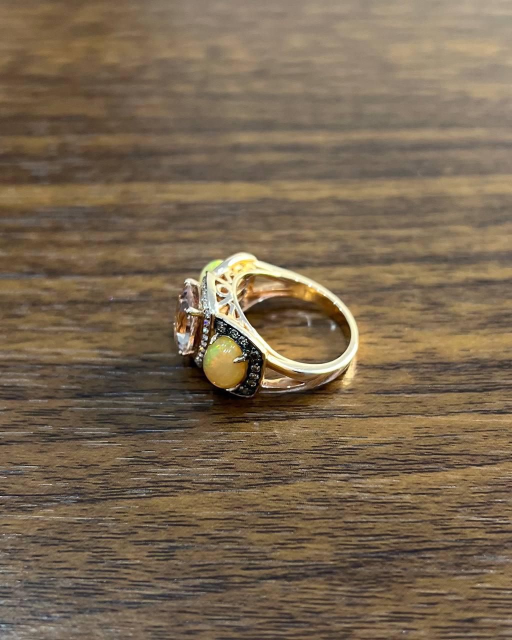 Peach Morganites Yellow White Opal White Diamond Halo Rose Gold Three Stone Ring For Sale 5