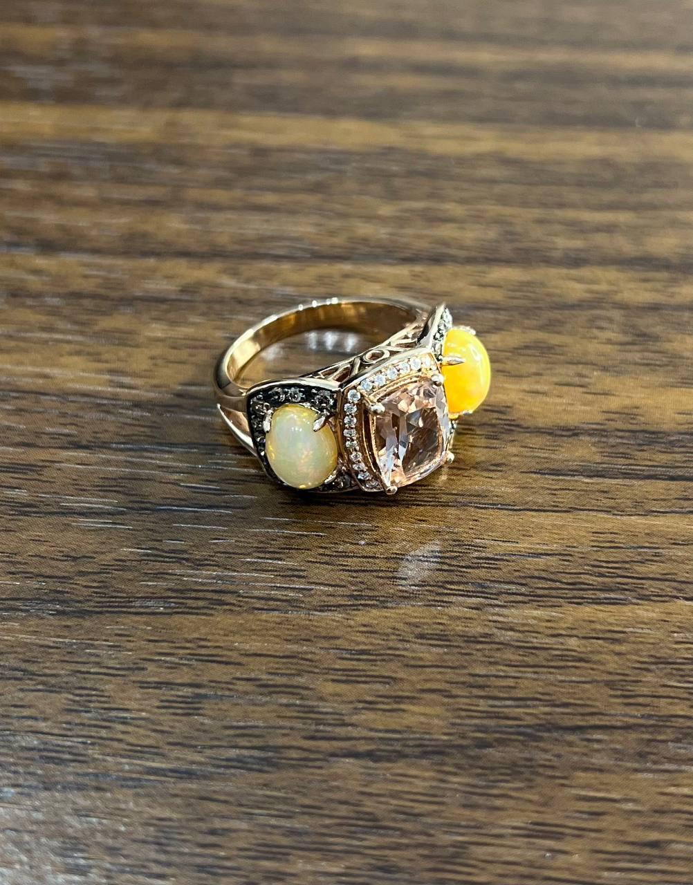 Peach Morganites Yellow White Opal White Diamond Halo Rose Gold Three Stone Ring For Sale 6