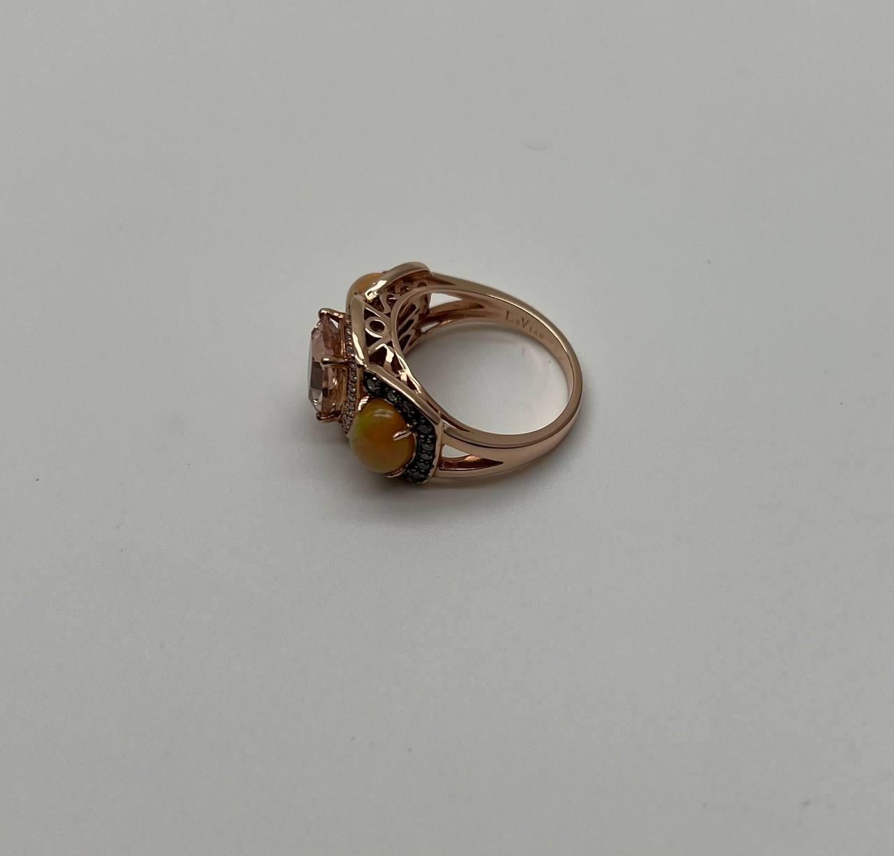 Cabochon Peach Morganites Yellow White Opal White Diamond Halo Rose Gold Three Stone Ring For Sale