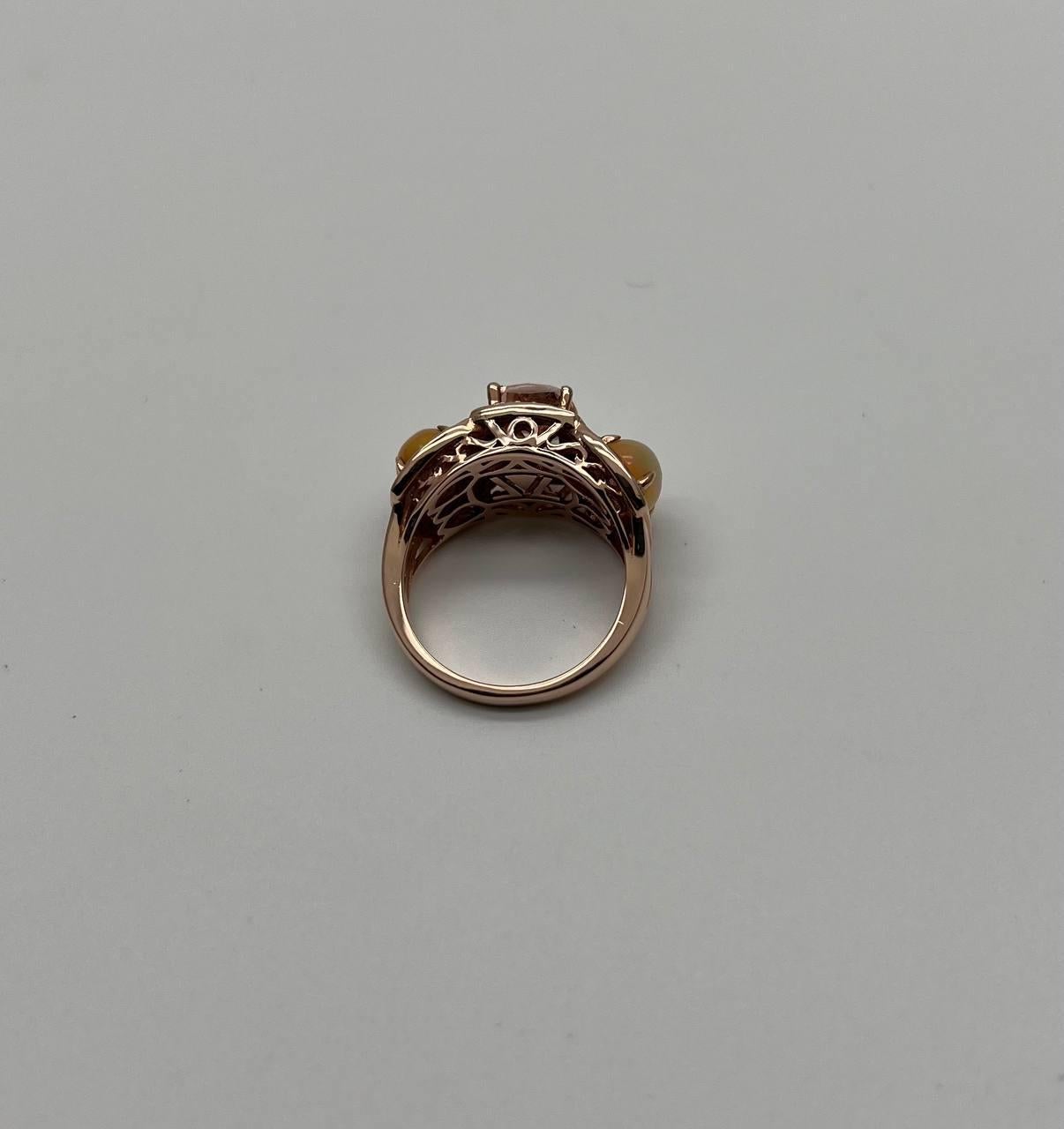 Peach Morganites Yellow White Opal White Diamond Halo Rose Gold Three Stone Ring In New Condition For Sale In Oakton, VA