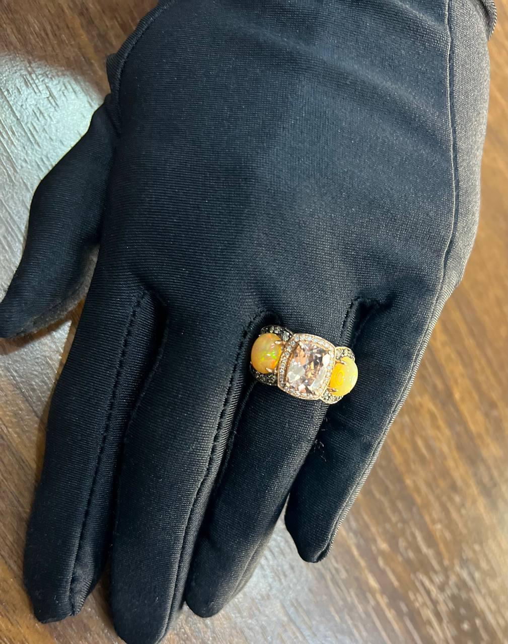 Women's Peach Morganites Yellow White Opal White Diamond Halo Rose Gold Three Stone Ring For Sale