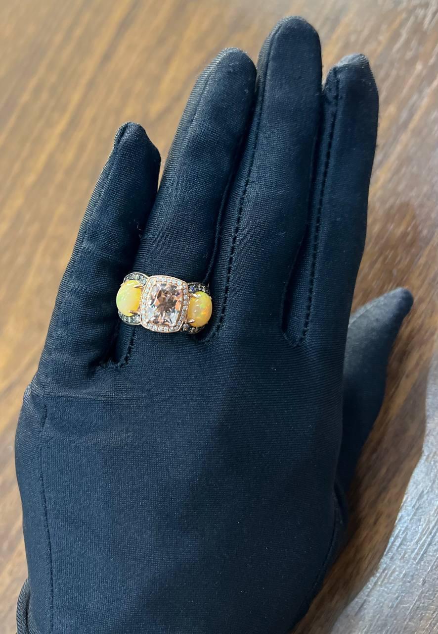 Peach Morganites Yellow White Opal White Diamond Halo Rose Gold Three Stone Ring For Sale 1