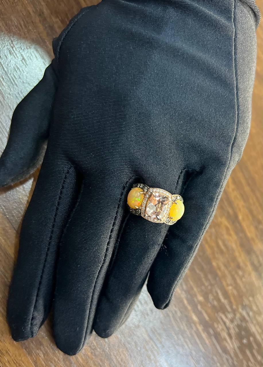Peach Morganites Yellow White Opal White Diamond Halo Rose Gold Three Stone Ring For Sale 2