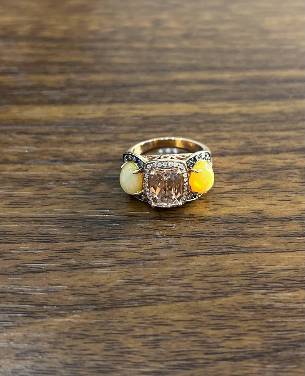 Peach Morganites Yellow White Opal White Diamond Halo Rose Gold Three Stone Ring For Sale 3