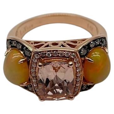 Peach Morganites Yellow White Opal White Diamond Halo Rose Gold Three Stone Ring